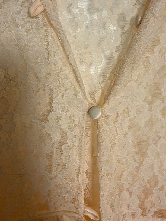 Vintage Barbizon Peach Satin Lace Peignoir Robe Duster Button Front Maxi Size M 4