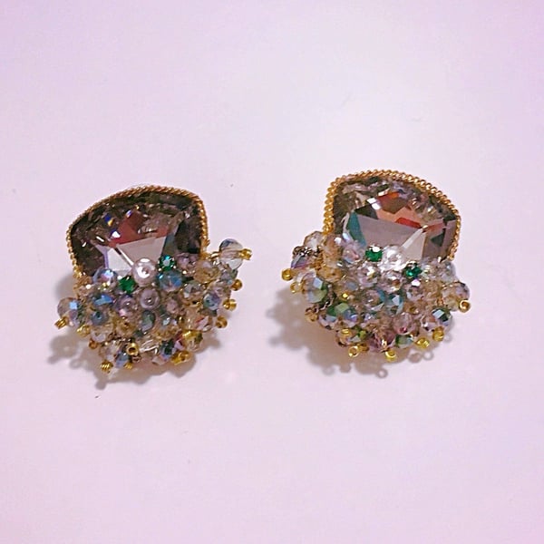 Gold Crystal Zoe Cluster Earrings in Dark Gray & Green with Bead & Chain Detail