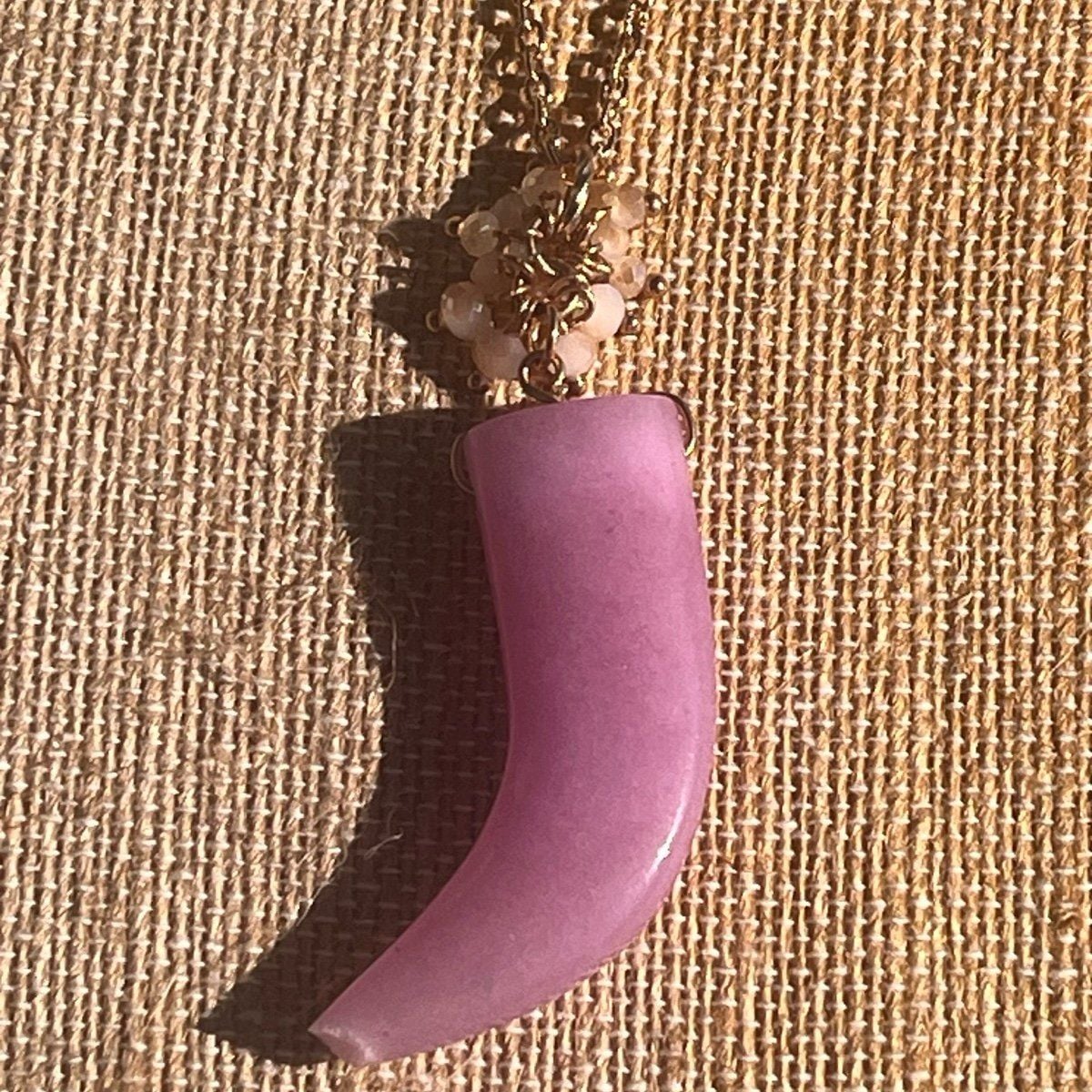 Gold Tone Beads & Horn Pendant Necklace- Lavender 4