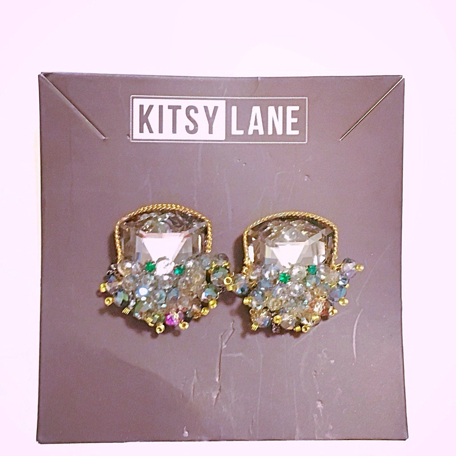 Gold Crystal Zoe Cluster Earrings in Dark Gray & Green with Bead & Chain Detail 7