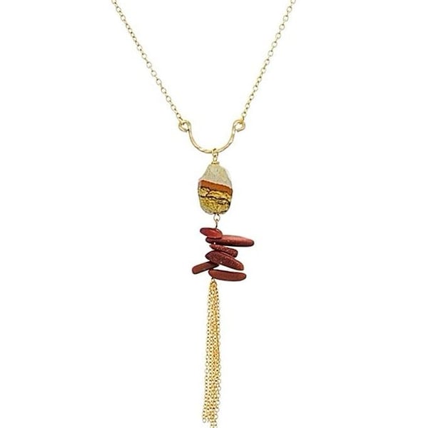 Gold Tone Stones & Chain Tassel Necklace- Rust & Beige/Brown
