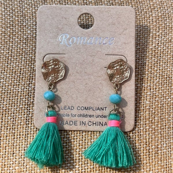 Gold Tone Tassel Earrings- Green/Fuchsia/Turquoise