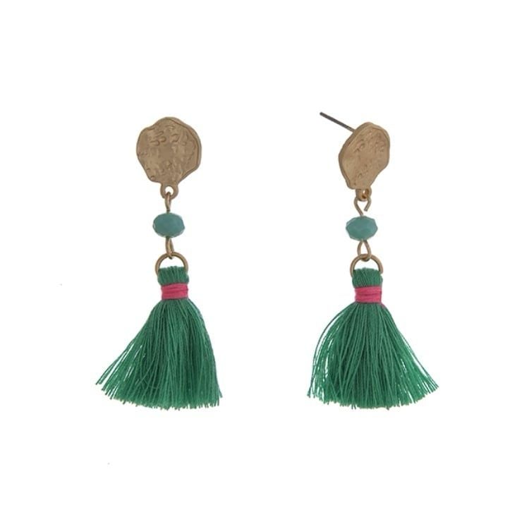 Gold Tone Tassel Earrings- Green/Fuchsia/Turquoise 3