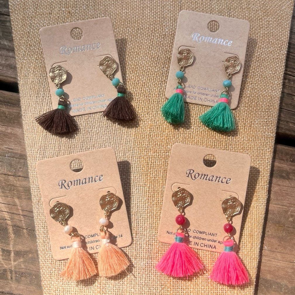 Gold Tone Tassel Earrings- Green/Fuchsia/Turquoise 4