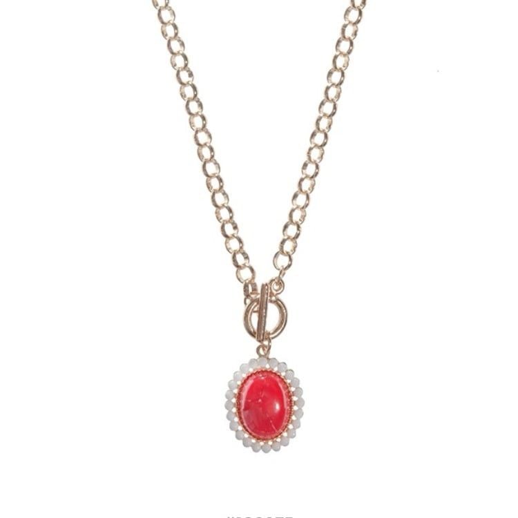 Gold Tone Oval Pendant Necklace- Red & White 2