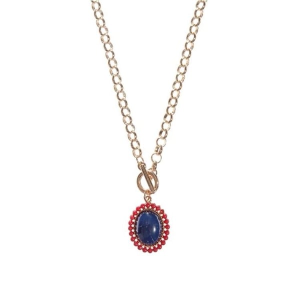Gold Tone Oval Pendant Necklace- Navy & Red