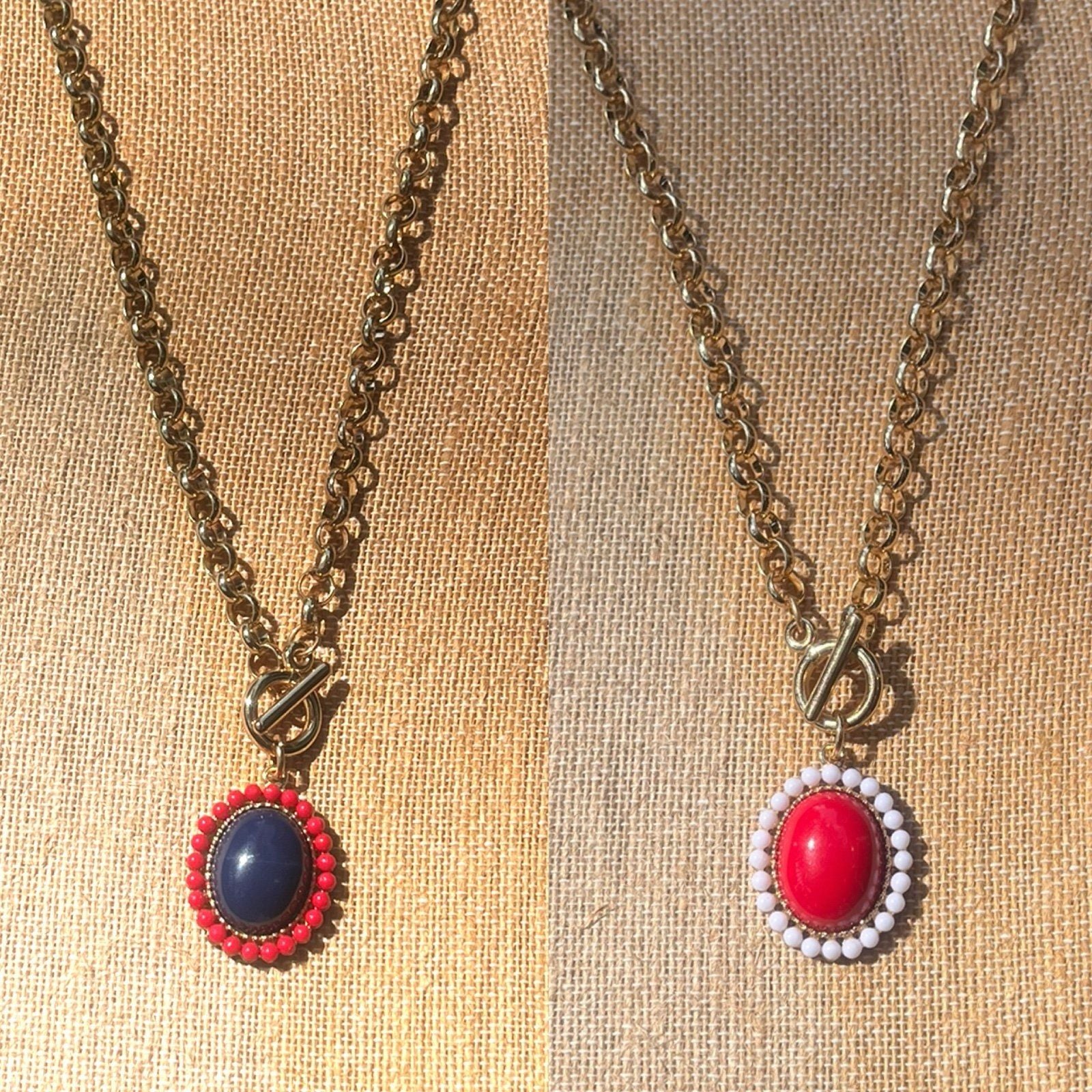 Gold Tone Oval Pendant Necklace- Red & White 6