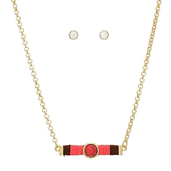 Gold Tone Threaded Bar Necklace Set- Red/Coral & Brown Gold