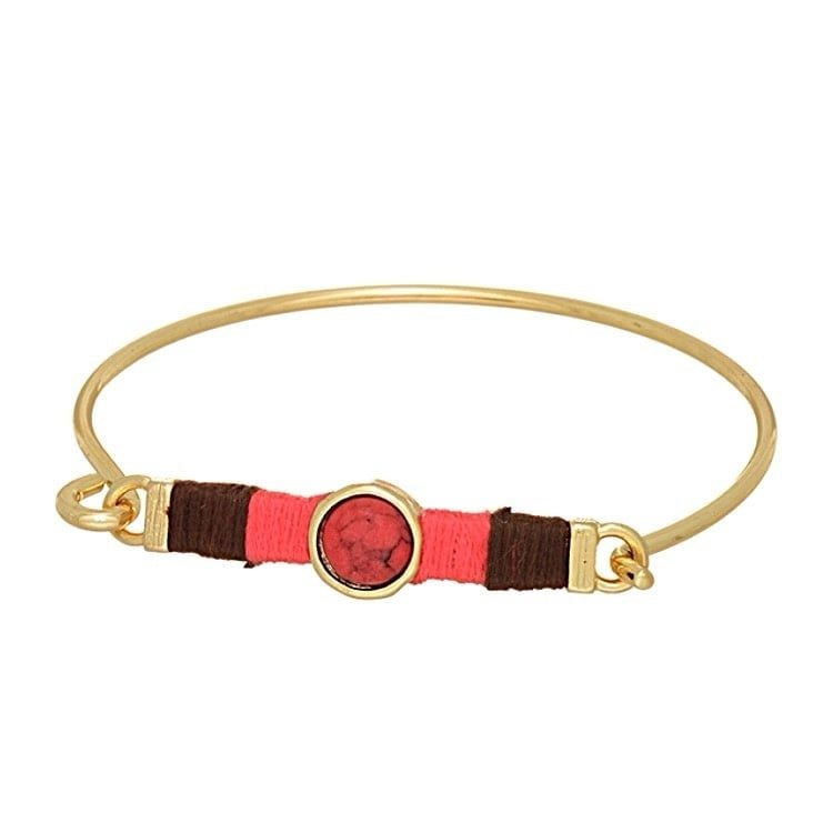 Gold Tone Threaded Bar & Stone Latch Bangle Bracelet- Red/Coral & Brown 2