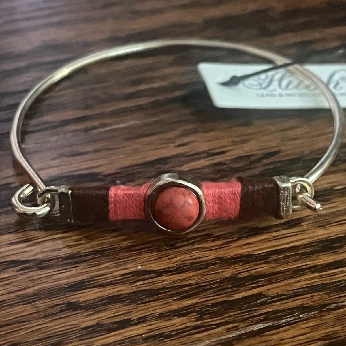 Gold Tone Threaded Bar & Stone Latch Bangle Bracelet- Red/Coral & Brown 3