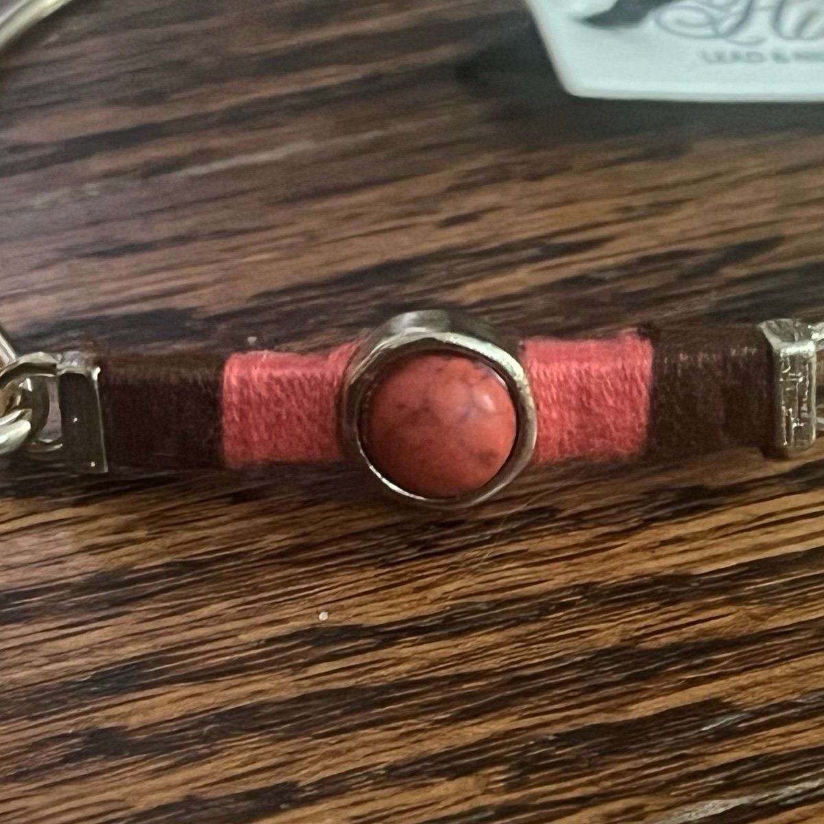 Gold Tone Threaded Bar & Stone Latch Bangle Bracelet- Red/Coral & Brown 4