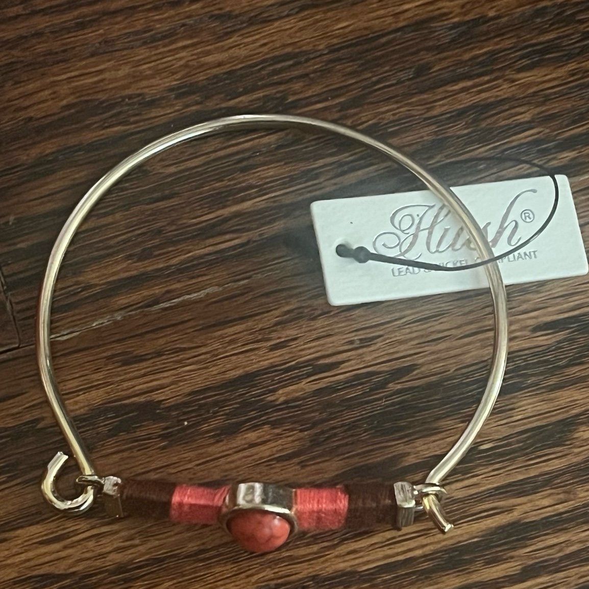 Gold Tone Threaded Bar & Stone Latch Bangle Bracelet- Red/Coral & Brown 5