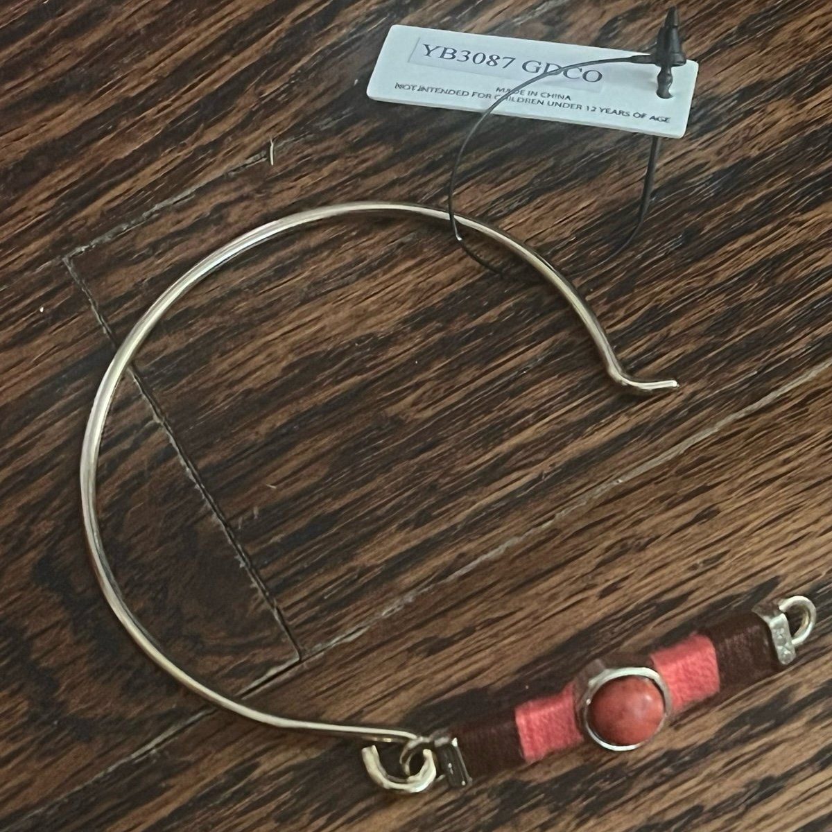 Gold Tone Threaded Bar & Stone Latch Bangle Bracelet- Red/Coral & Brown 6