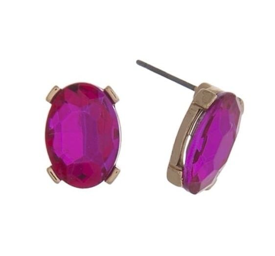 Gold Tone Oval Gem Post Earrings- Fuchsia 2