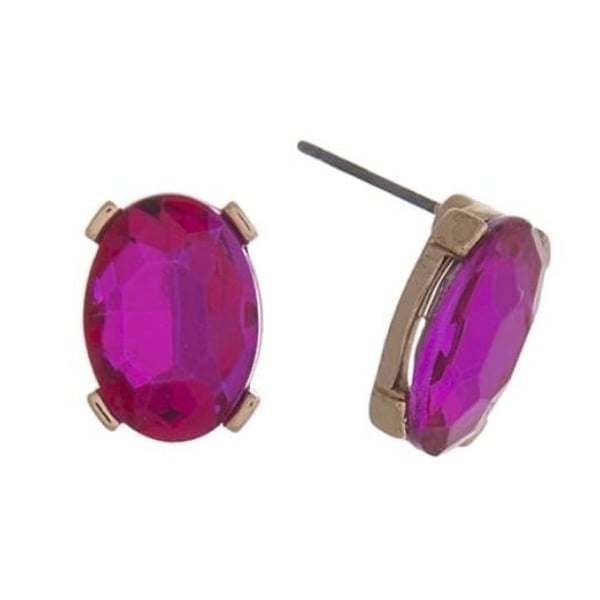Gold Tone Oval Gem Post Earrings- Fuchsia