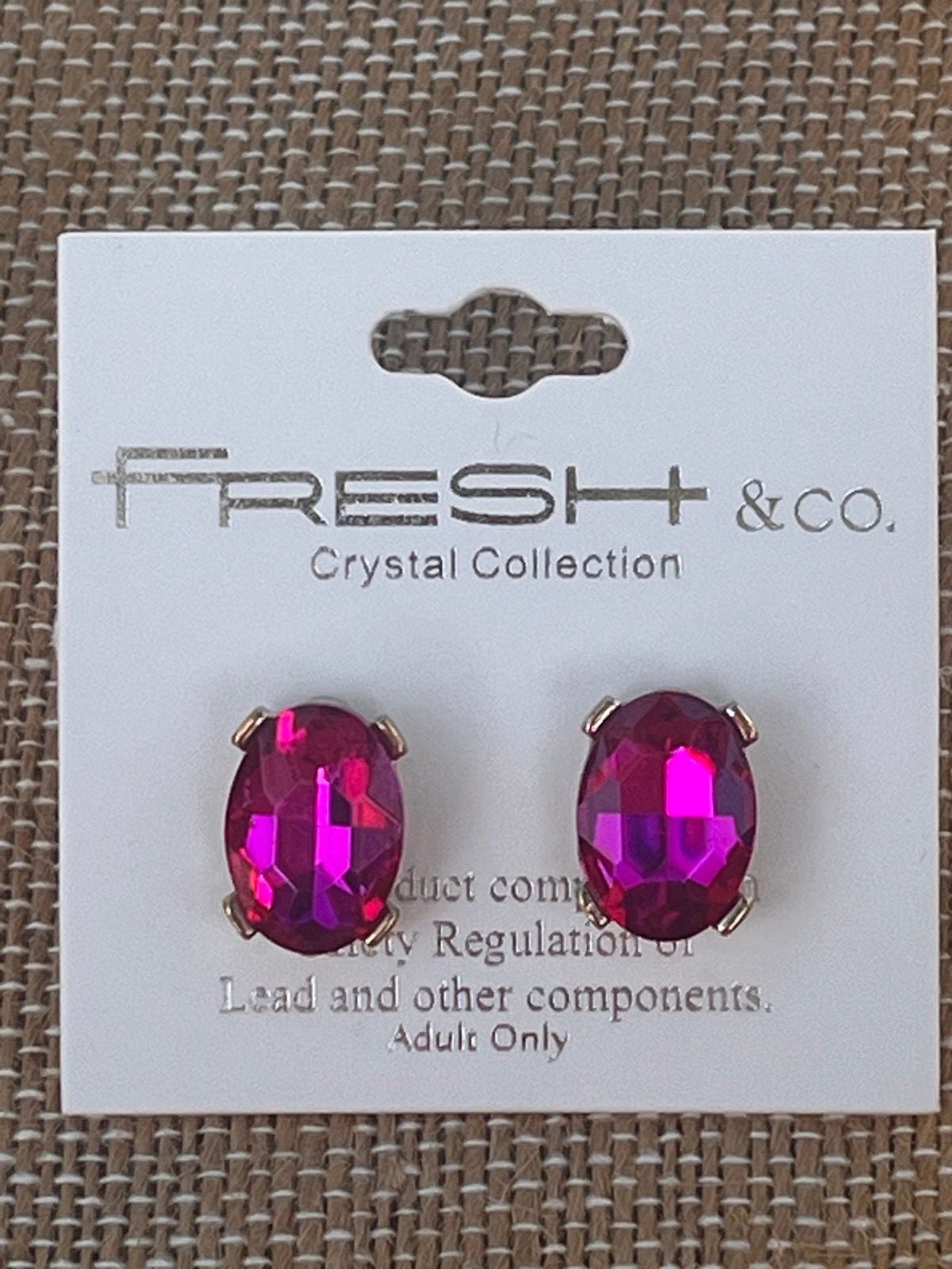 Gold Tone Oval Gem Post Earrings- Fuchsia 3