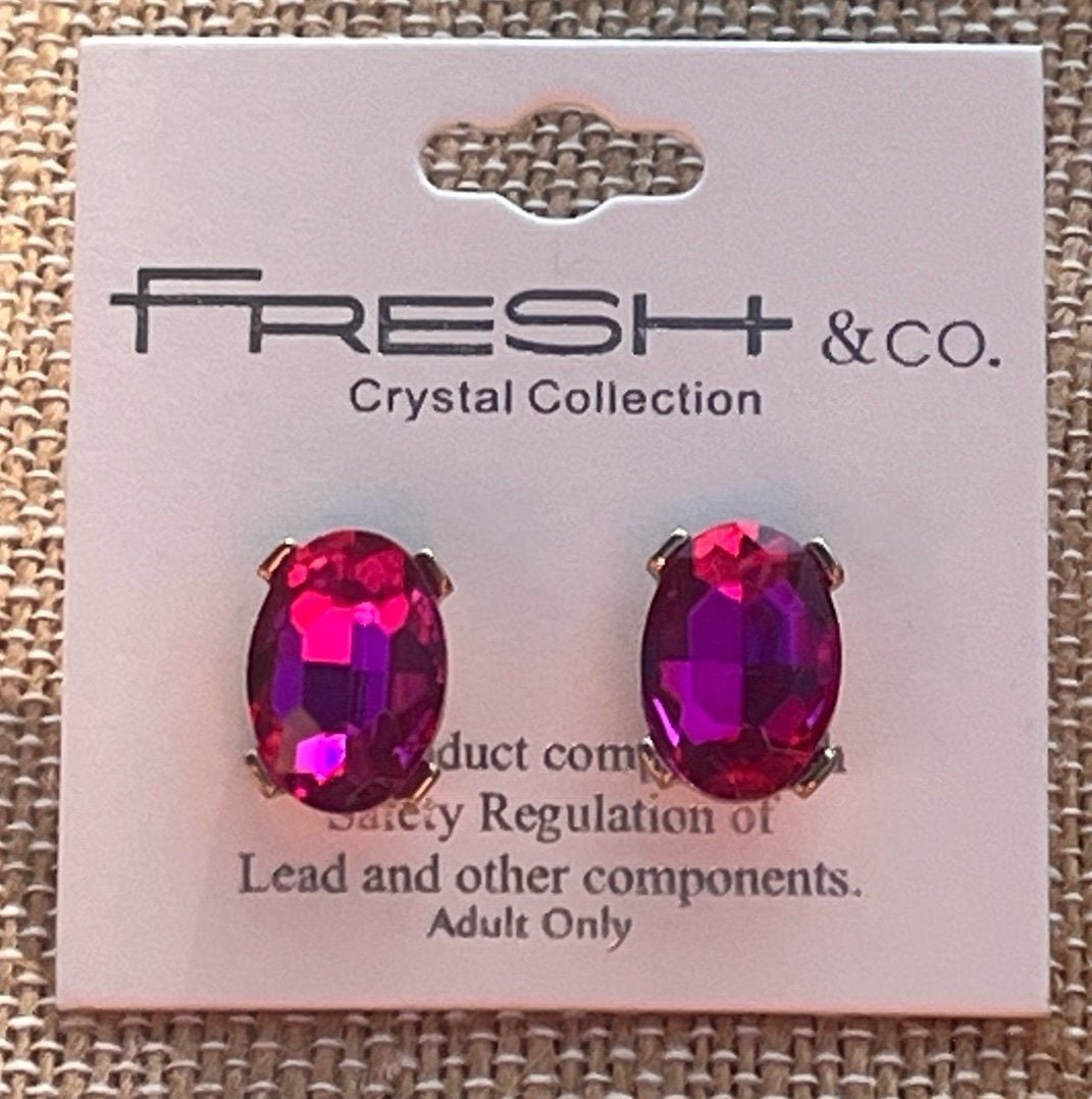 Gold Tone Oval Gem Post Earrings- Fuchsia 4