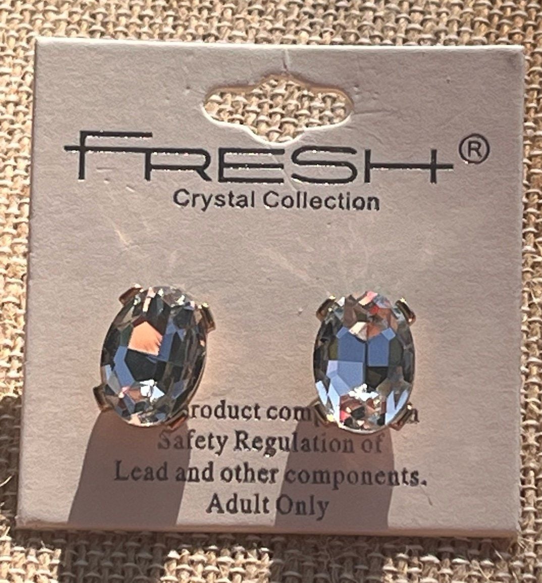 Gold Tone Oval Gem Post Earrings- Clear 2