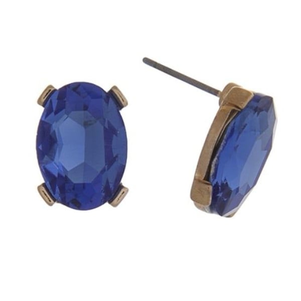 Gold Tone Oval Gem Post Earrings- Sapphire Blue