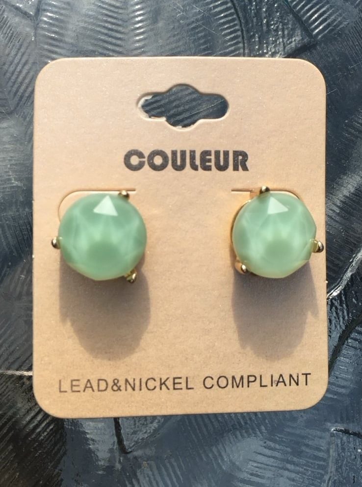 Gold Tone Round Faceted Stone Post Earrings- Mint 5