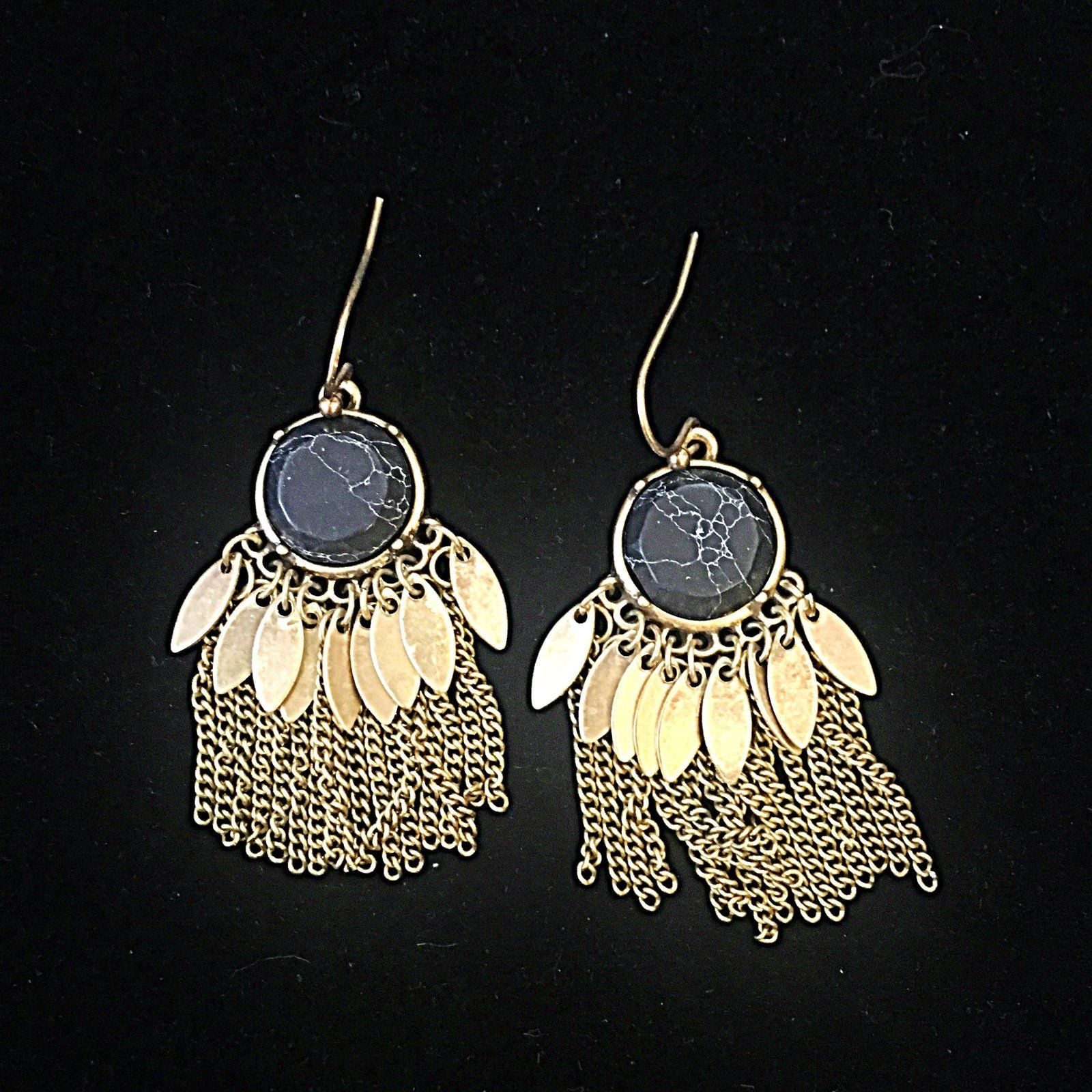 Natural Stone & Metal/Chain Fringe Earrings- Black 2