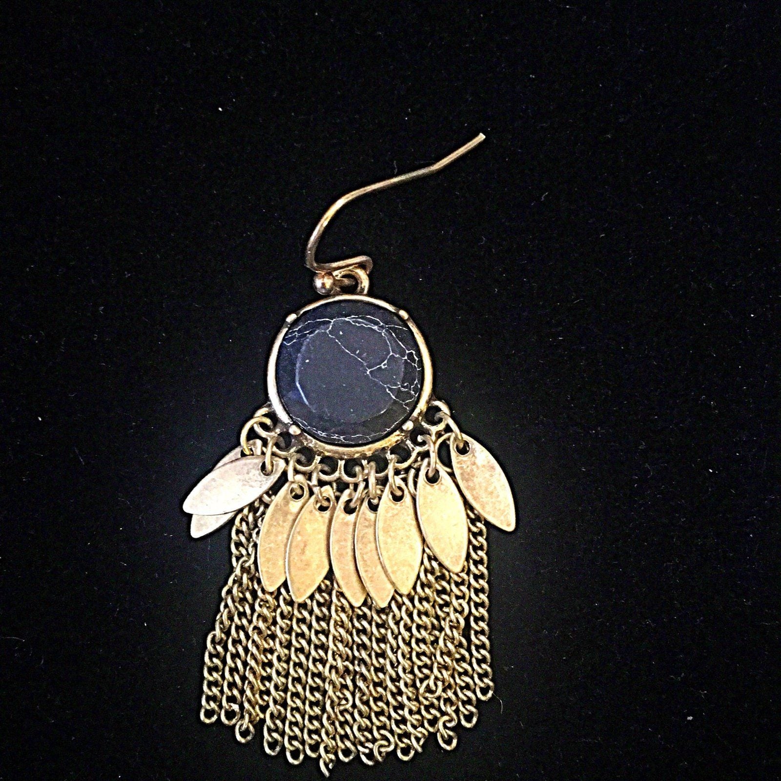 Natural Stone & Metal/Chain Fringe Earrings- Black 3