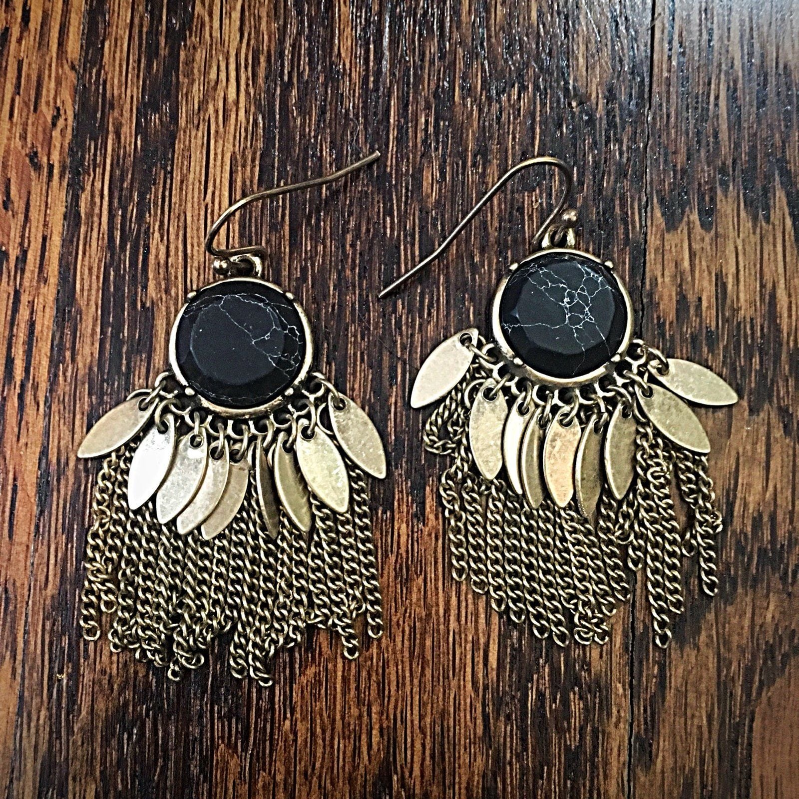 Natural Stone & Metal/Chain Fringe Earrings- Black 4