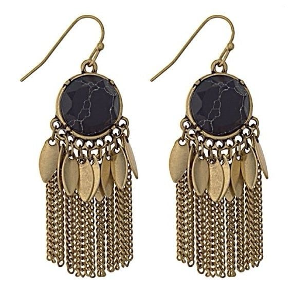 Natural Stone & Metal/Chain Fringe Earrings- Black 5