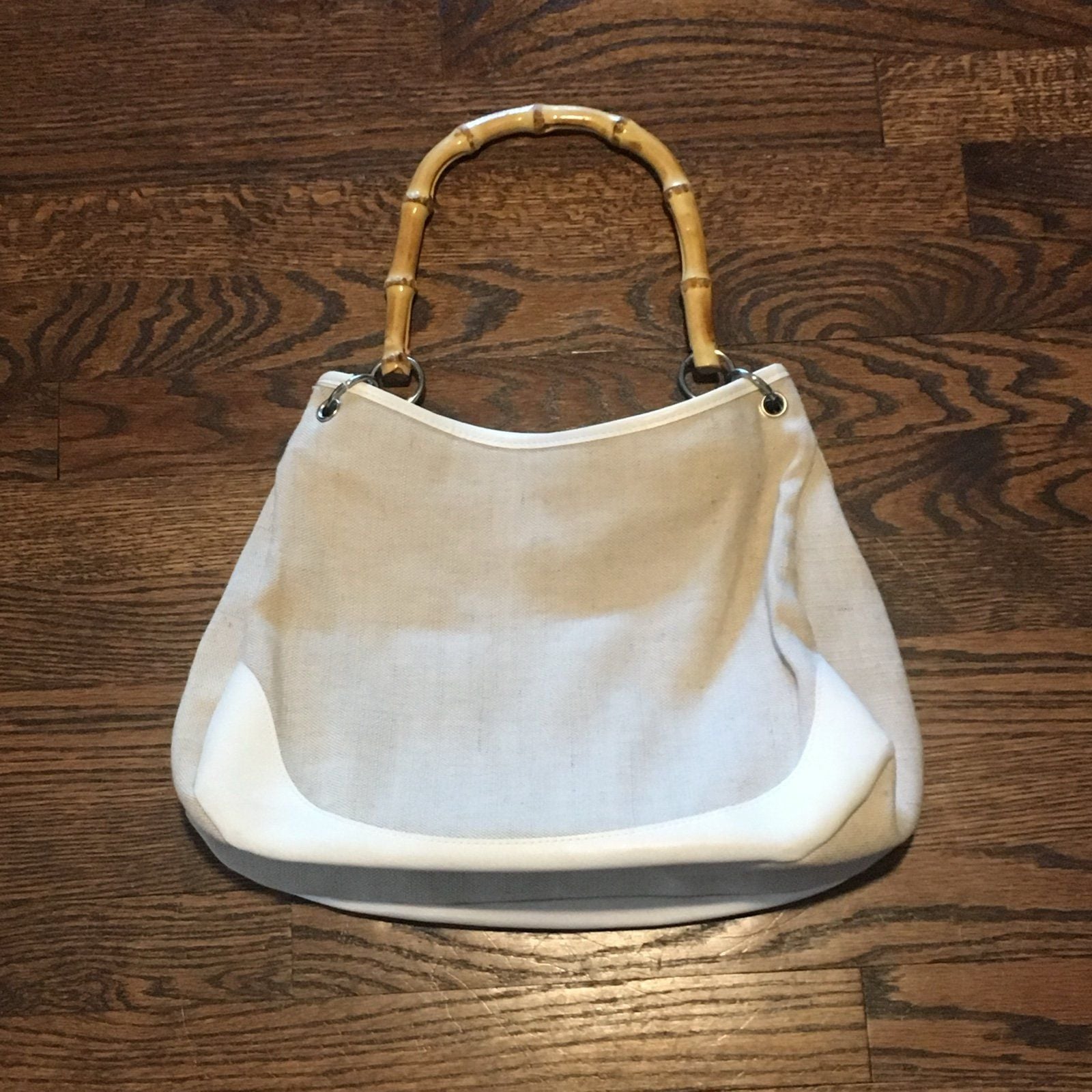 Cream Canvas Purse with Bamboo Handles 2