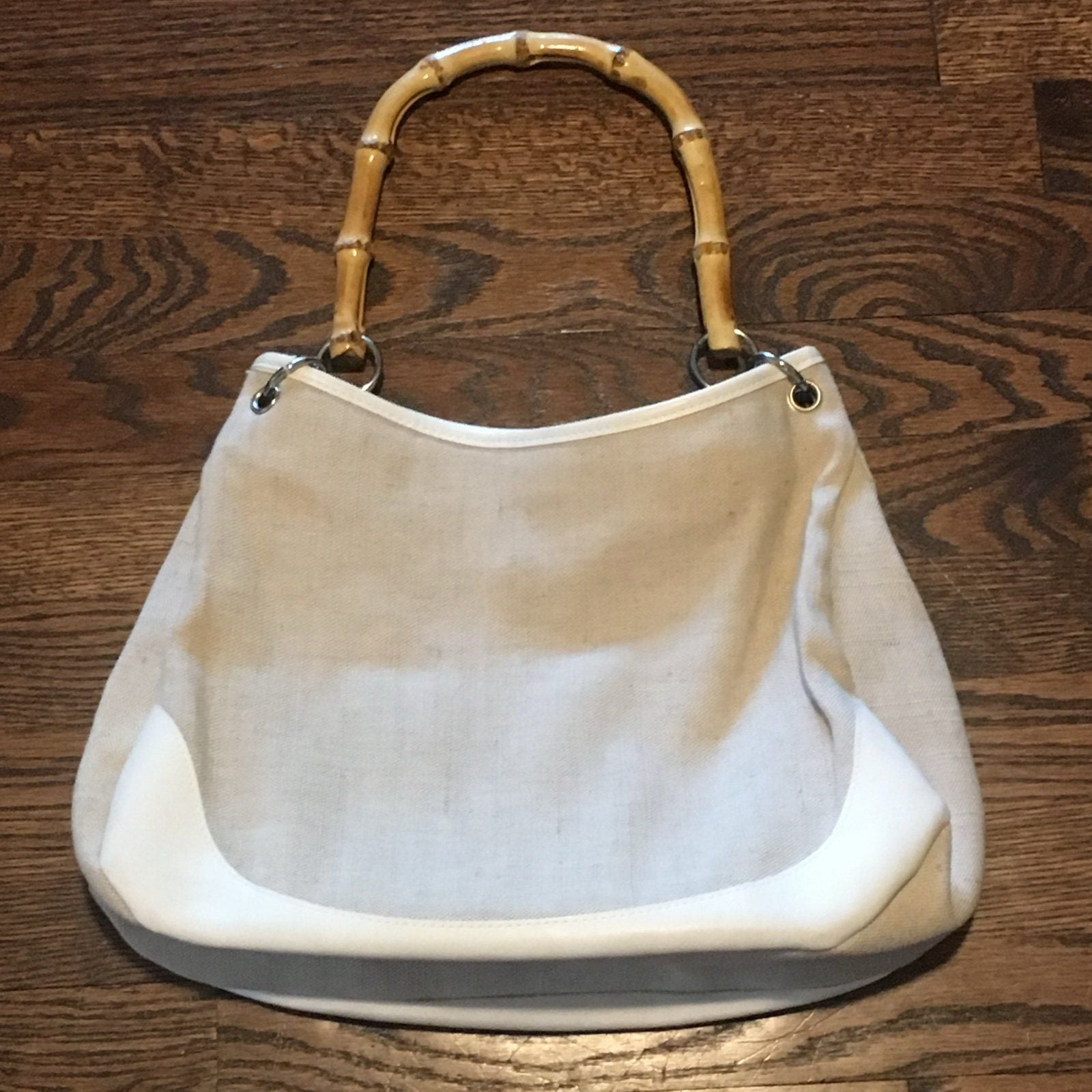 Cream Canvas Purse with Bamboo Handles 3
