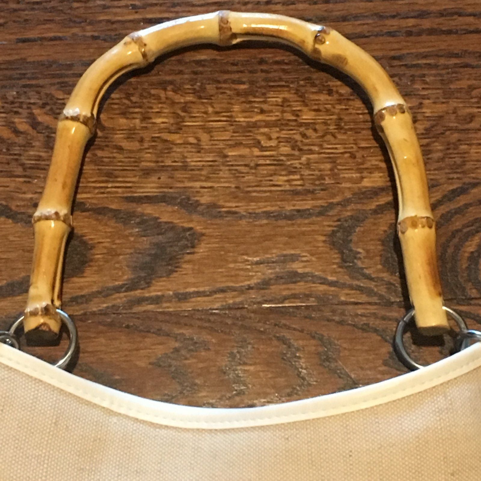 Cream Canvas Purse with Bamboo Handles 6