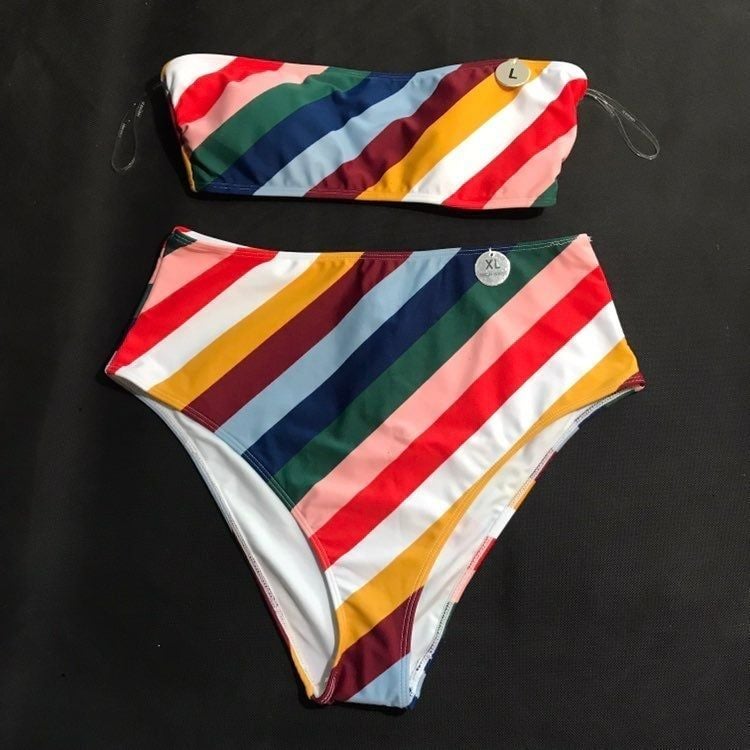 Bold Striped Bandeau/High Waist Bikini 1