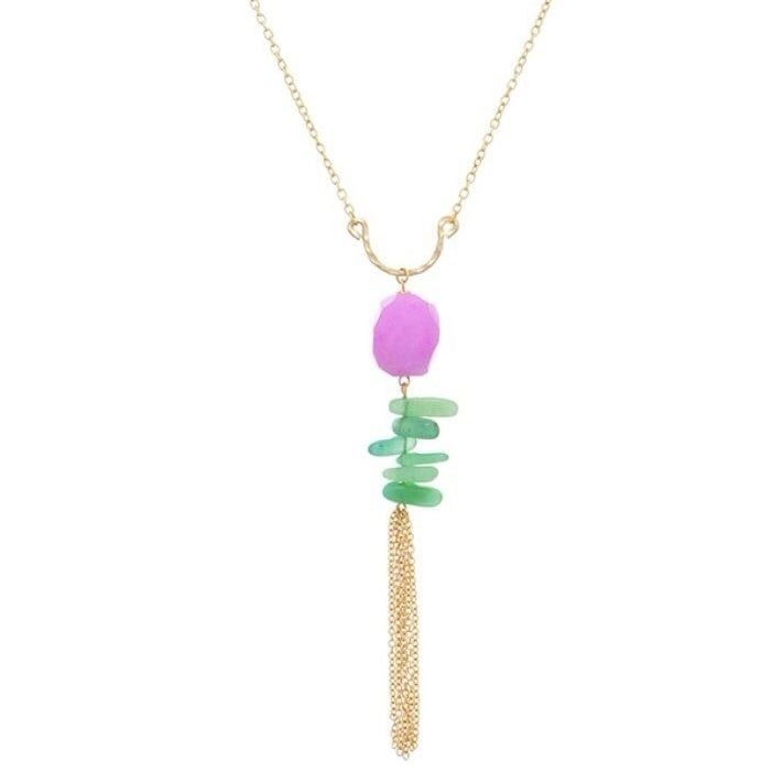 Gold Tone Stones & Chain Tassel Necklace- Purple & Green 2