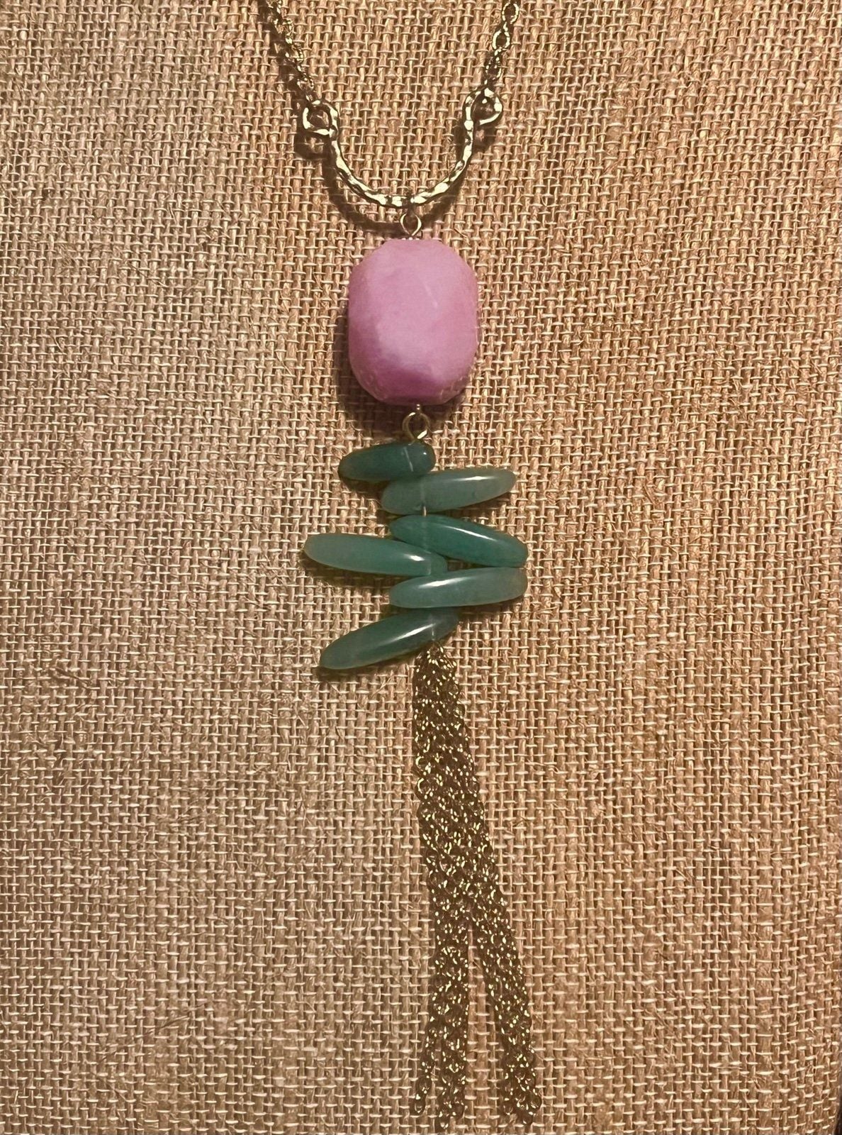 Gold Tone Stones & Chain Tassel Necklace- Purple & Green 3