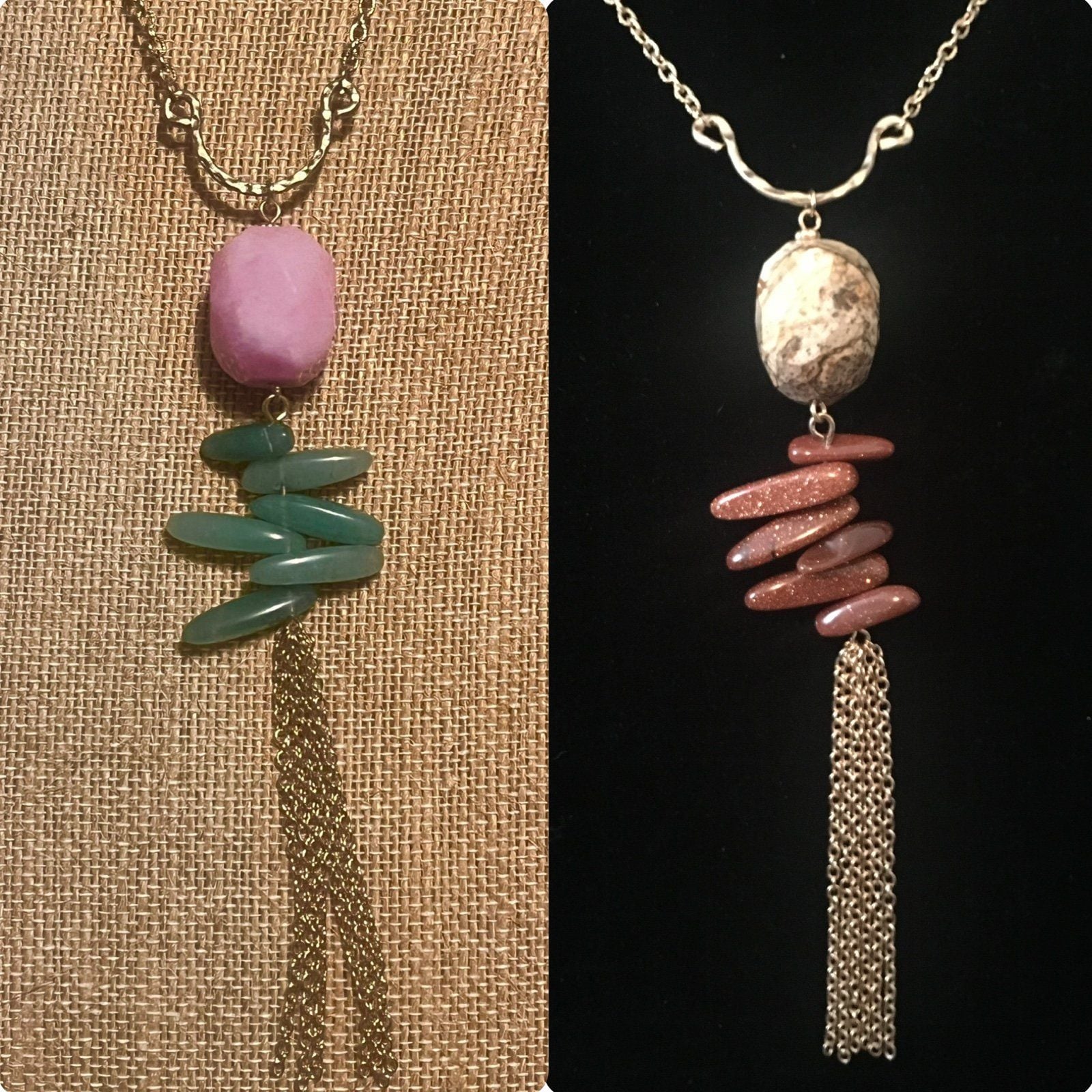 Gold Tone Stones & Chain Tassel Necklace- Purple & Green 4