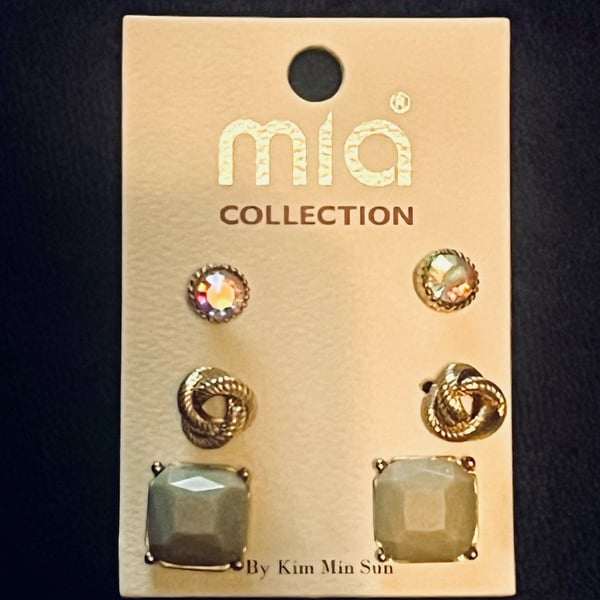 Gray Square/Gold Knot/Rhinestone Post Earring Trio