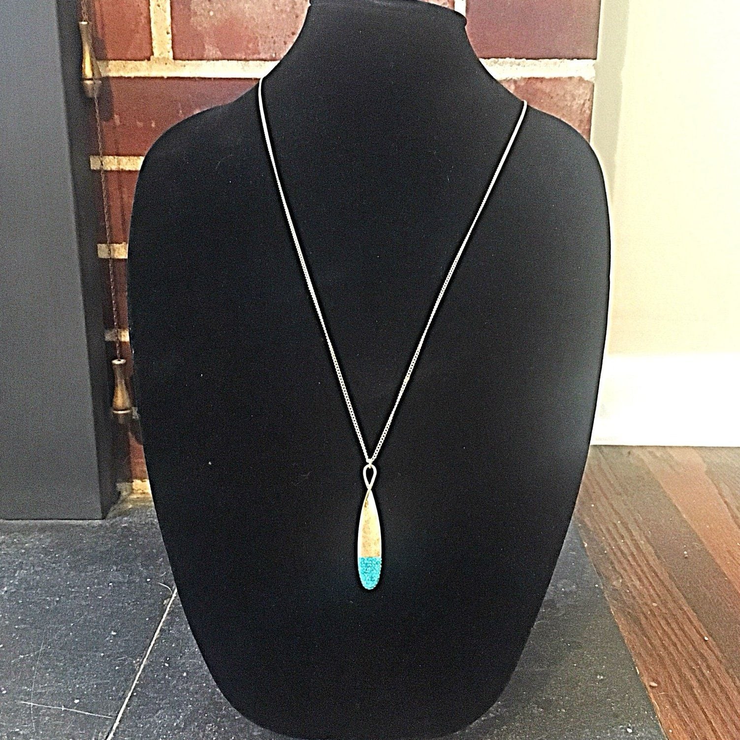 Gold Tone Jewel Dipped Infinity Pendant Necklace- Turquoise 3