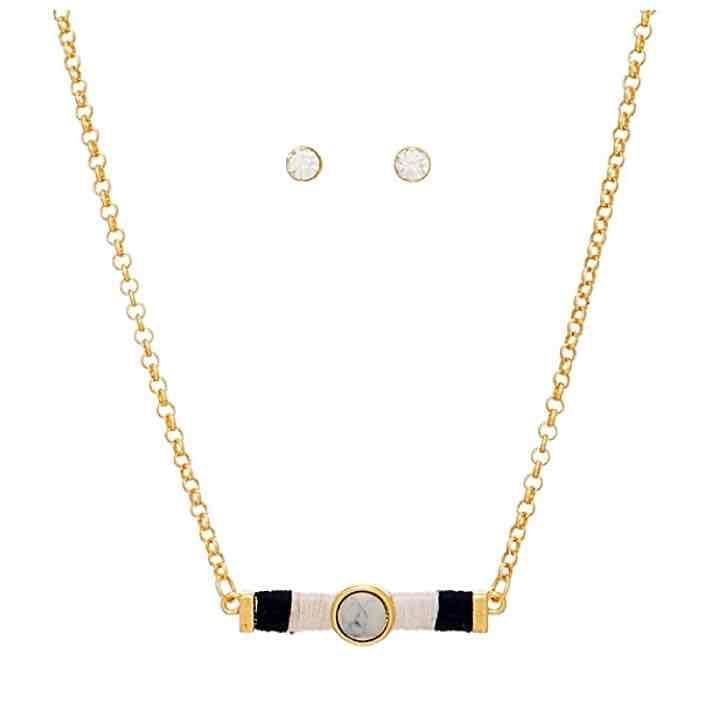 Gold Tone Threaded Bar Necklace Set- White & Black 1