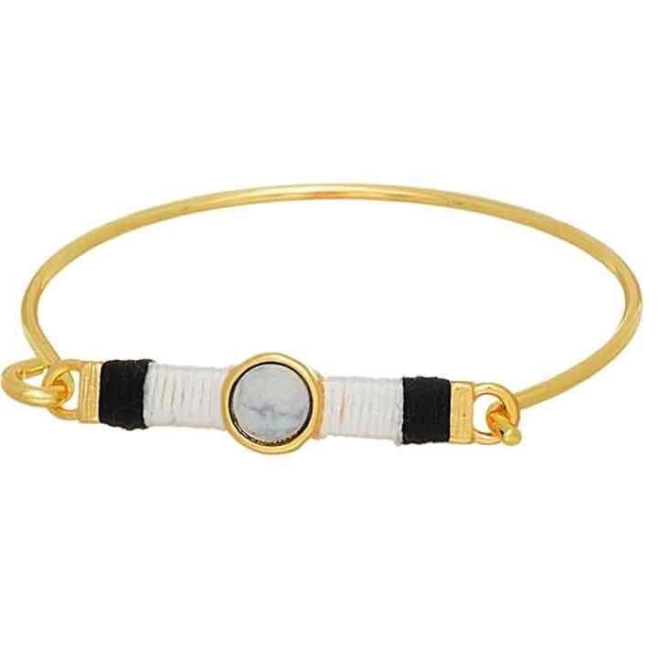 Gold Tone Threaded Bar & Stone Latch Bangle Bracelet- White & Black 2