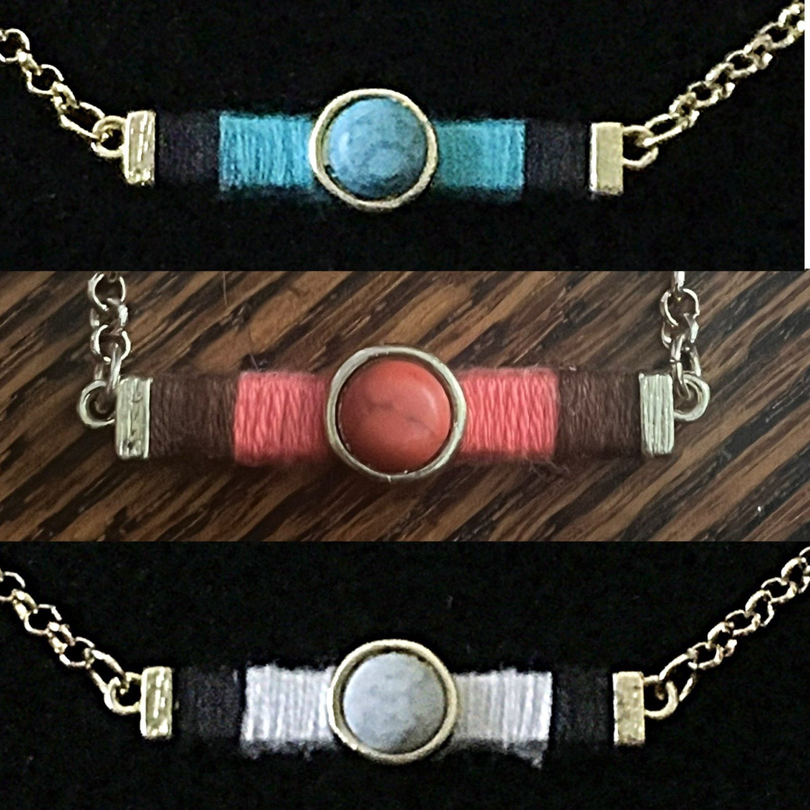 Gold Tone Threaded Bar Necklace Set- White & Black 6