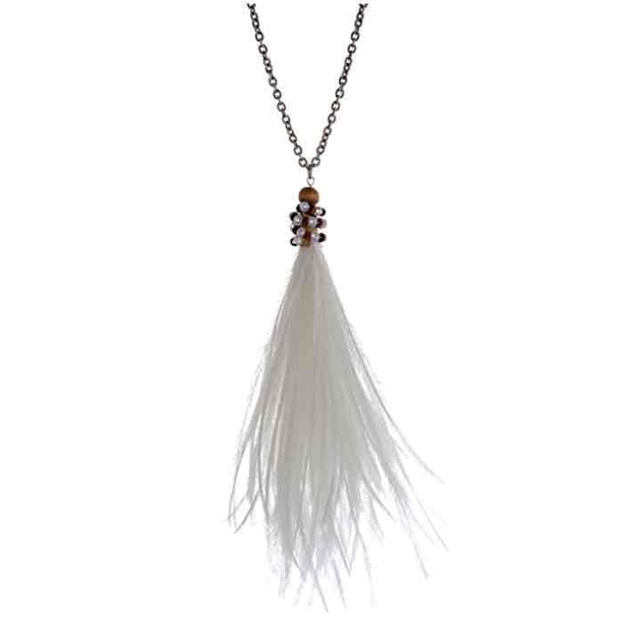 Beaded Feather Tassel Pendant Necklace- White 2