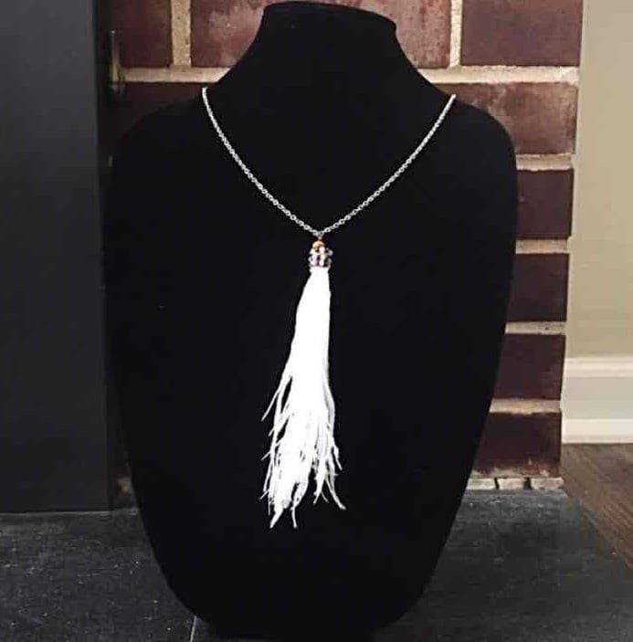 Beaded Feather Tassel Pendant Necklace- White 3