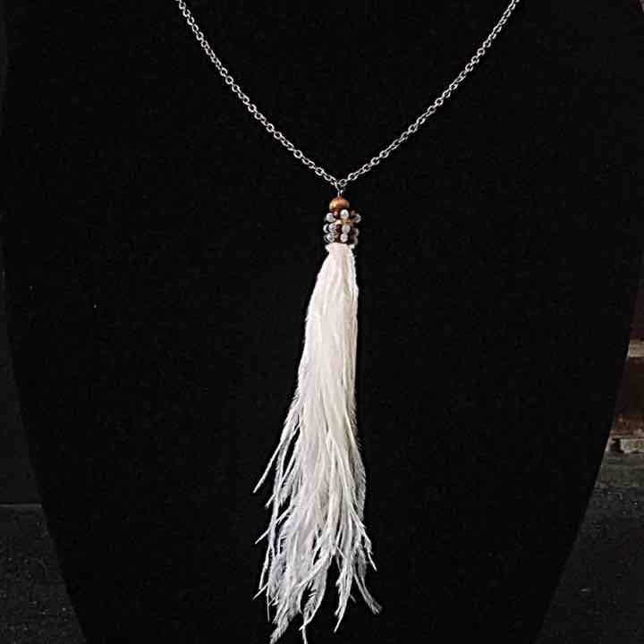 Beaded Feather Tassel Pendant Necklace- White 4