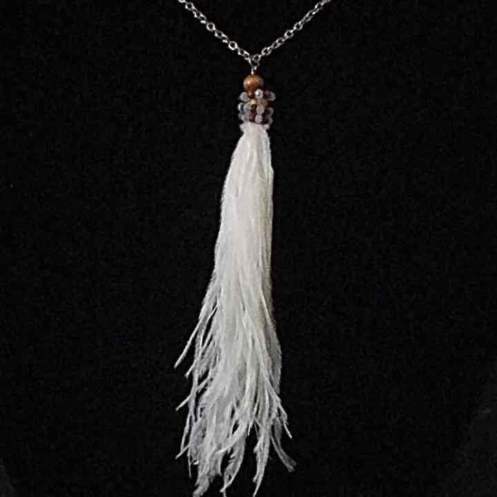 Beaded Feather Tassel Pendant Necklace- White 5