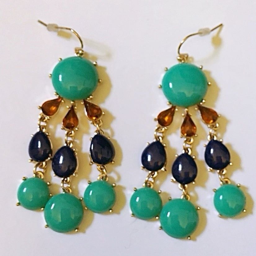 Gold Tone Mint/Navy/Amber Waterfall Statement Earrings 2