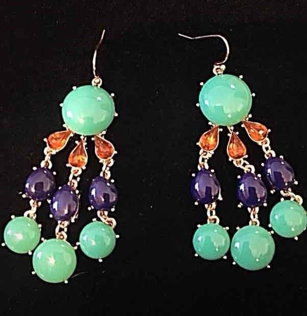 Gold Tone Mint/Navy/Amber Waterfall Statement Earrings 4