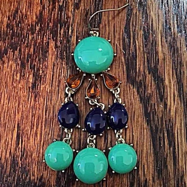 Gold Tone Mint/Navy/Amber Waterfall Statement Earrings 6