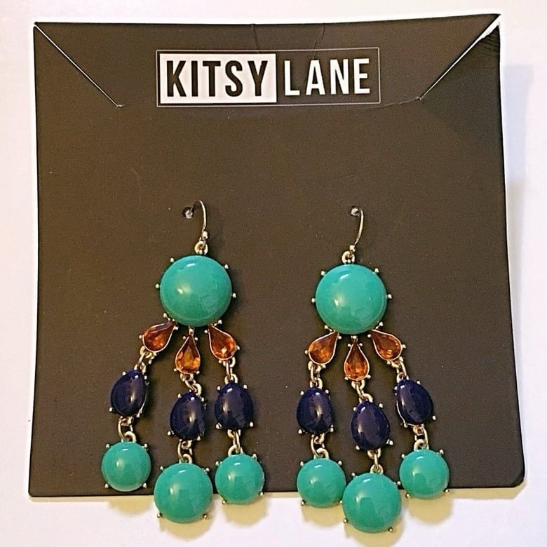 Gold Tone Mint/Navy/Amber Waterfall Statement Earrings 9