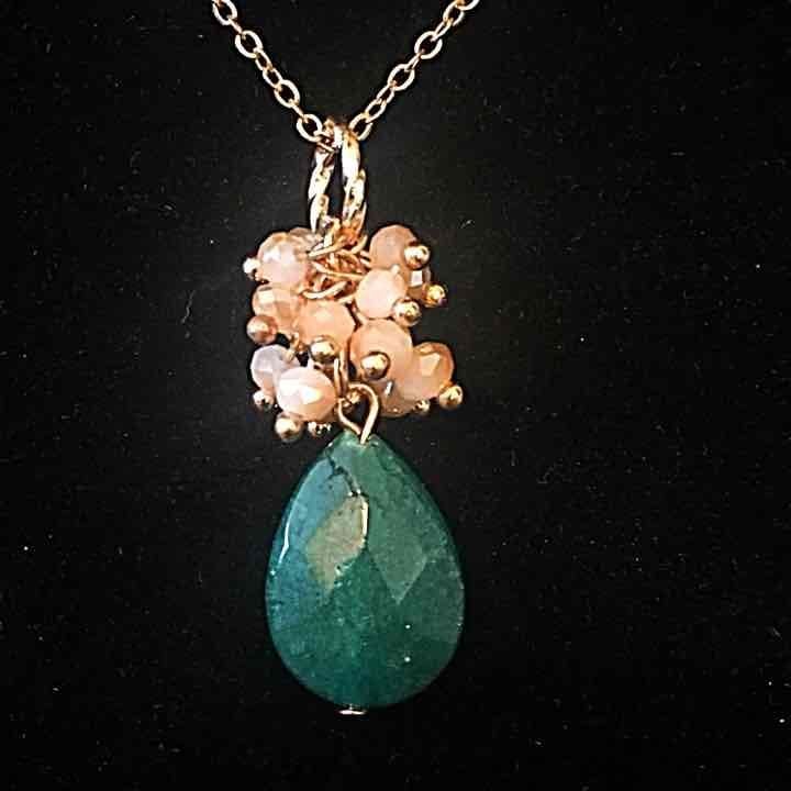 Green & Beige Cluster Teardrop Necklace 4