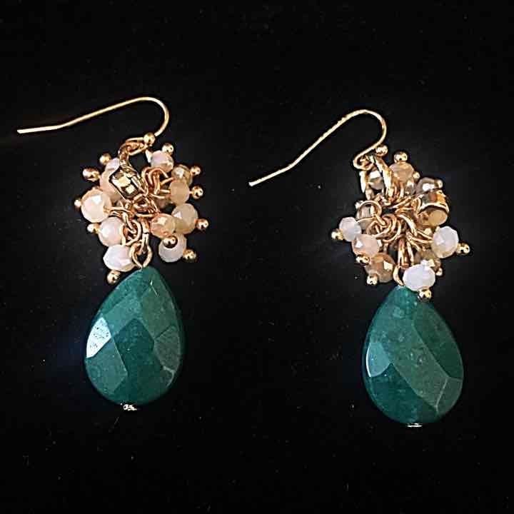 Cluster Teardrop Earrings- Hunter Green & Beige 3